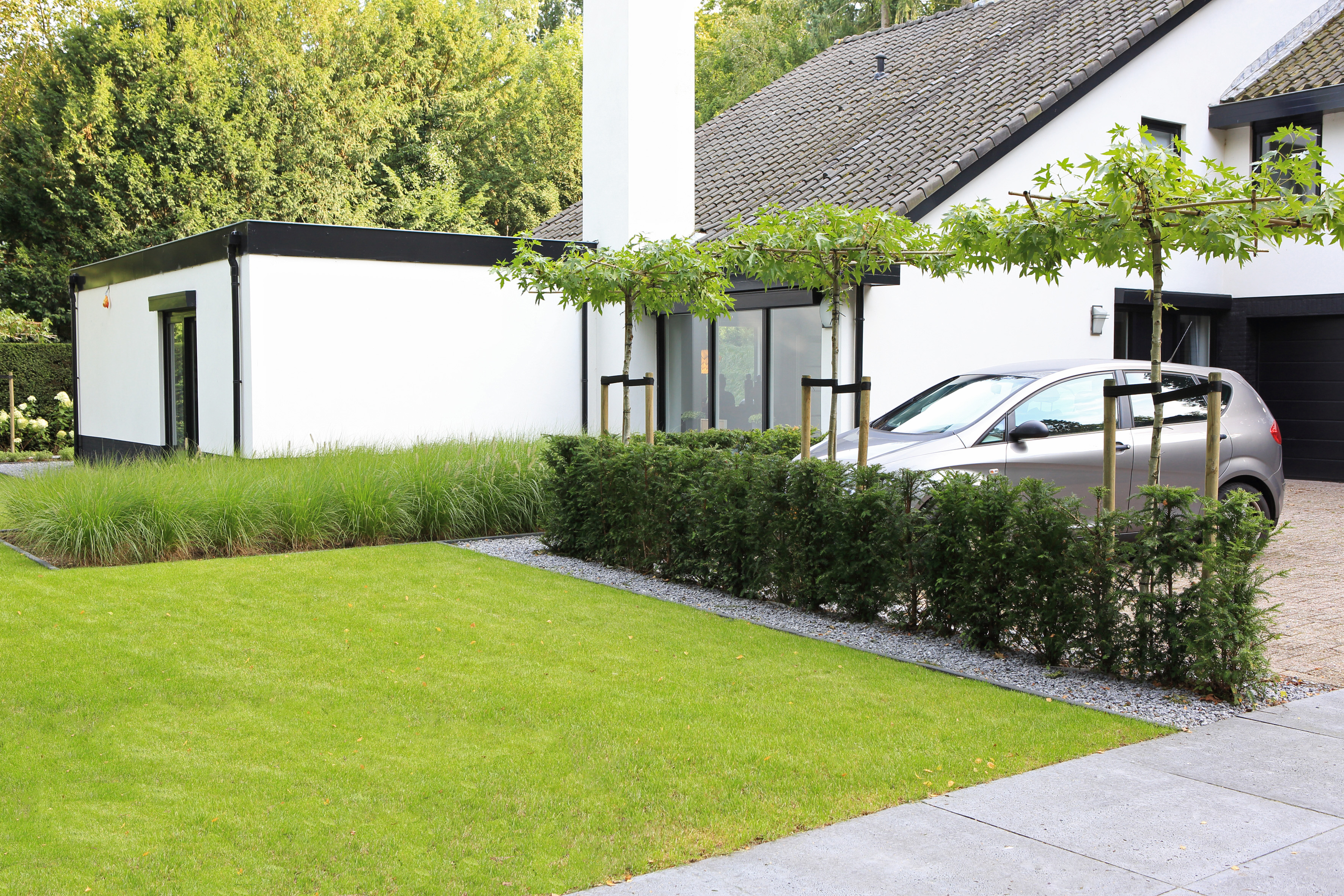 Moderne voortuin met strakke beplanting en oprijlaan