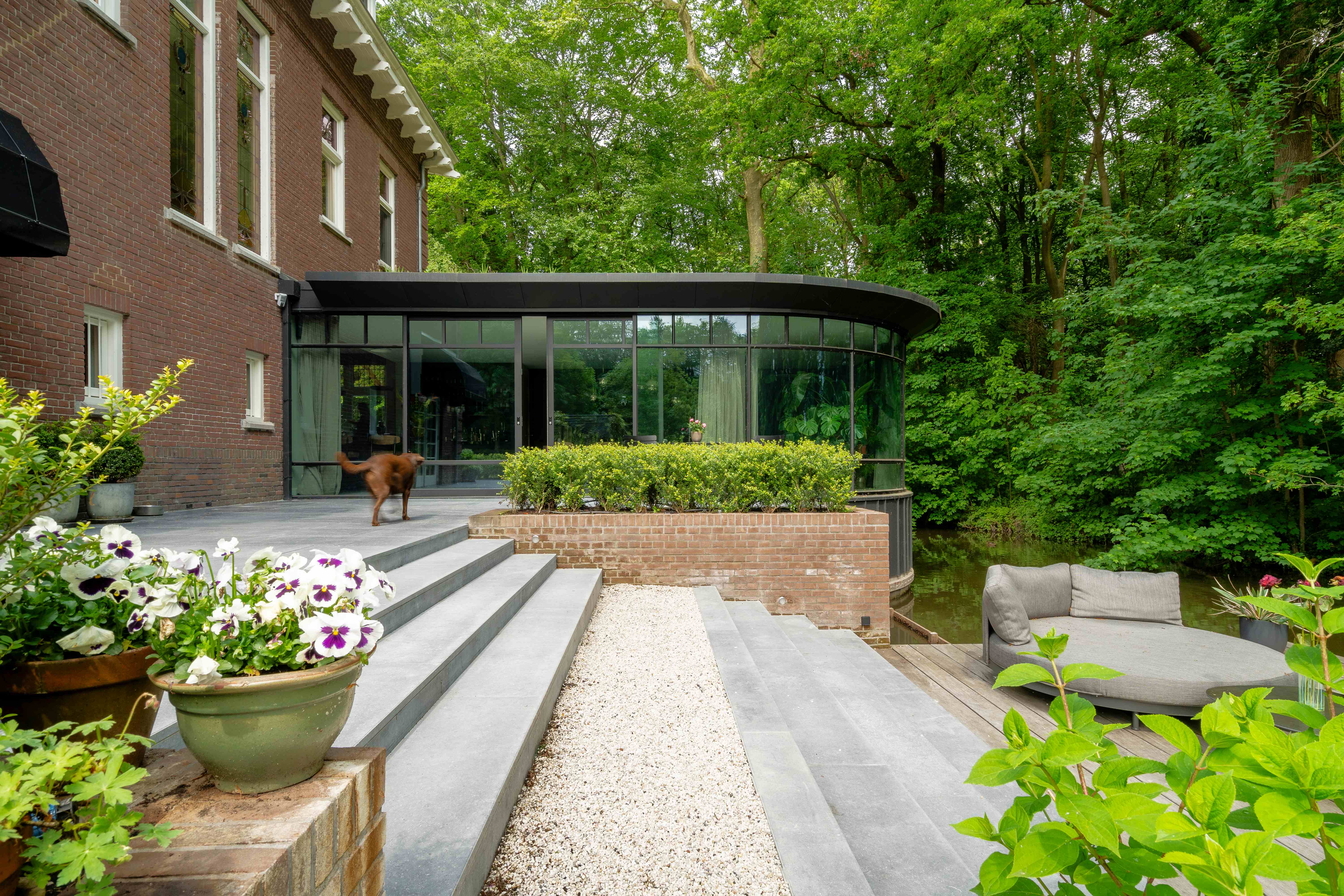 Moderne glazen uitbouw met hond op terras en buitenmeubelen